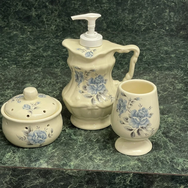 VB Athena Bathroom Set Soap Lotion Dispenser Pomander Jar Cup Blue Floral VTG CA