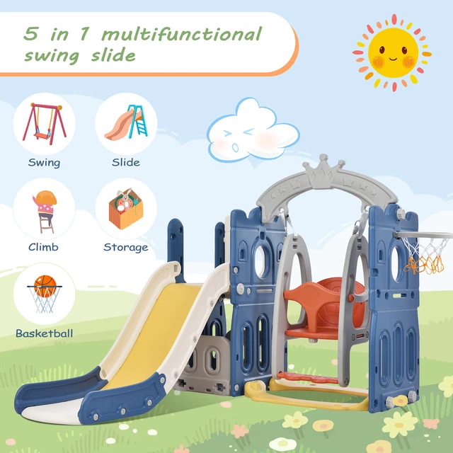 HDPE 5 in 1 Kids Slide Climbing Toys Storage Swing Basketball Frame Toy Playset