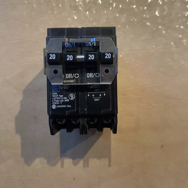 Eaton BQ220220 2-Double Pole Quad Circuit Breaker, 20/20 Amp