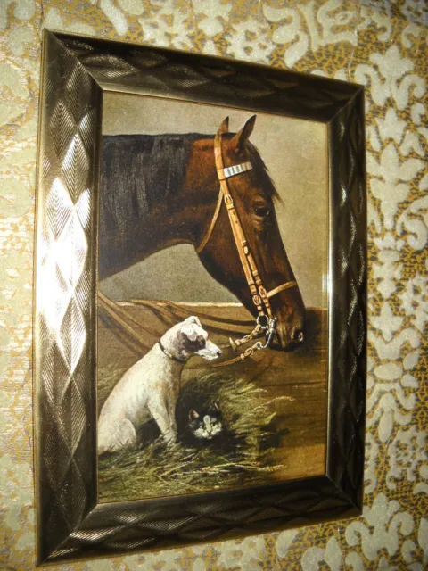 DOG & CAT VISIT HORSE 4 X 6 gold framed animal picture Victorian style print