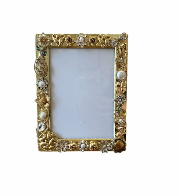 Vintage Jewelry Decorated Art Picture Frame Rhinestone Embellished Gold-Tone