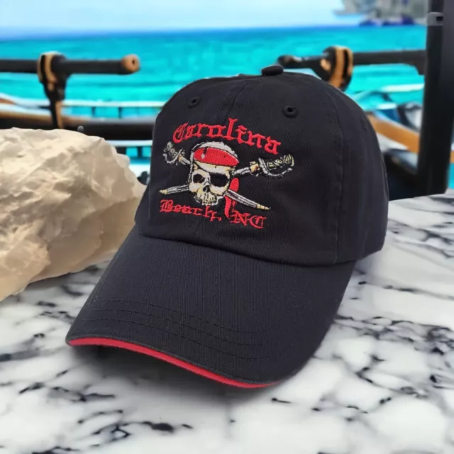 Carolina Beach NC North Carolina Pirate Embroidered Black Red Hat Cap Hook Loop