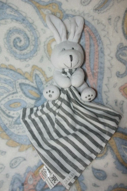 Doudou LES CHATOUNETS lapin blanc mouchoir raye gris comme neuf