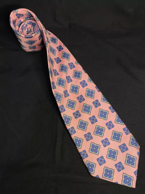 Adolfo Men's Necktie Pink / Blue Squares Geometric 100% Silk Tie USA 58 1/2 x 4