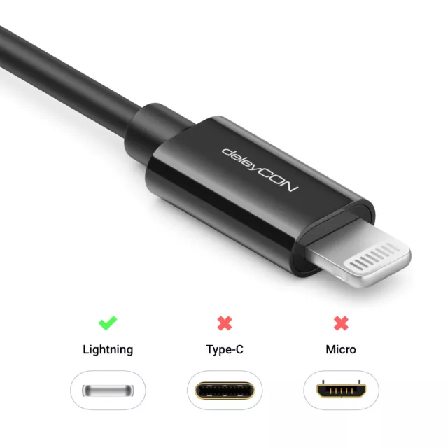 deleyCON 0,5m Lightning 8 Pin USB Ladekabel Datenkabel MFI Zertifiziert Schwarz 3