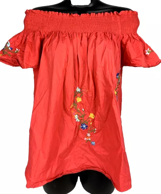 Women’s Floral Embroidered Shirt Top Off Shoulder Tunic Red Short Sleeve Sz L/XL