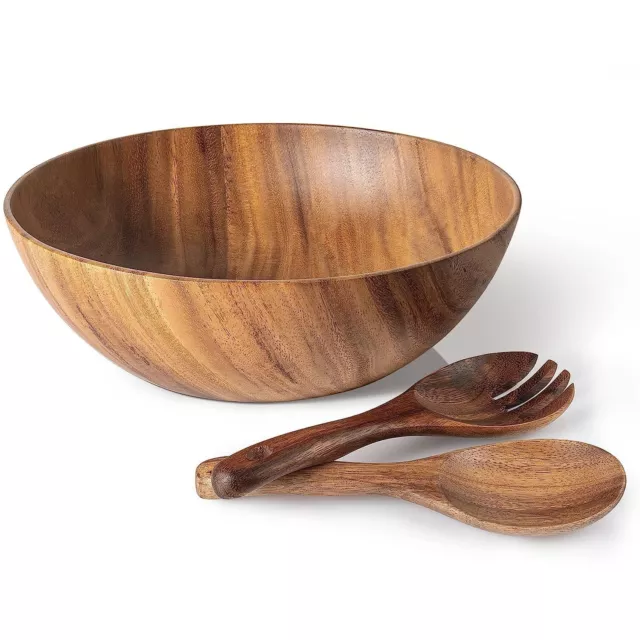 11.8"x 3.9"Acacia Wooden Large Salad Bowl Set 3 Piece Set With Spoon and Fork