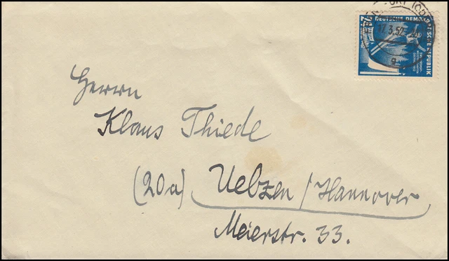 299 Wintersportmeisterschaften EF auf Brief FRANKFURT/ODER 17.3.1952 nach Uelzen