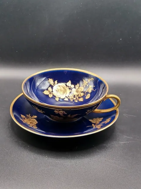 Vintage Cobalt Blue Hand Painted Tea Cup & Saucer Gold Gilt