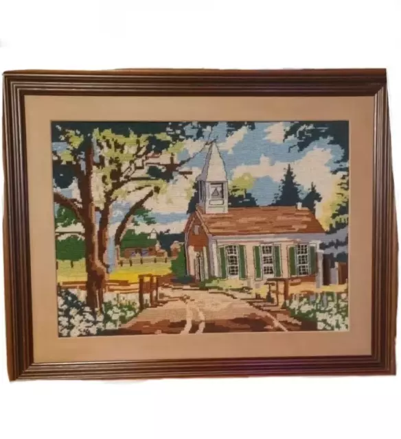 SALE! VTG OLD Cross-Stitch Needlepoint Wall Art, FRAMED Country Church Picture