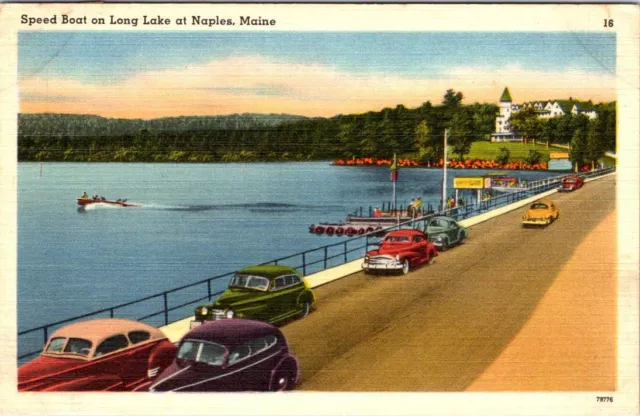 1953, Speed Boat on Long Lake, NAPLES, Maine Linen Postcard - Tichnor