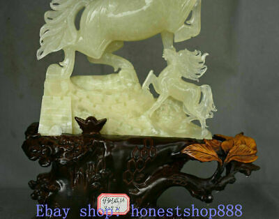 16.4" Natural Xiu Jade Jadeite Feng Shui Zodiac Animal 2 Horse Great Wall Statue 3