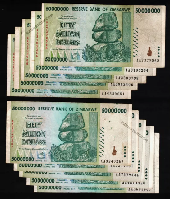 10 x 50 millions de dollars zimbabwéens billets de banque AA 2008 billets papier-monnaie avec COA