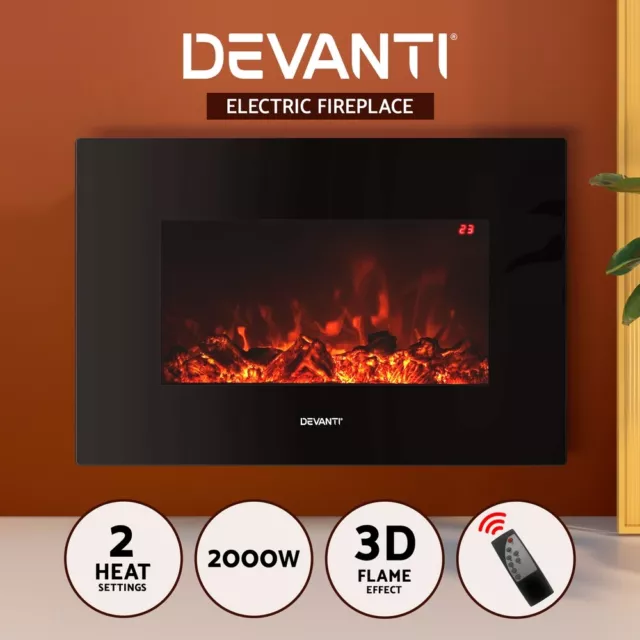 Devanti Electric Fireplace Fire Heater Wall Mounted 3D Flame Indoor 2000W Effect