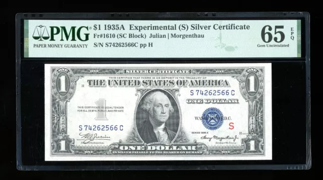 DBR 1935-A $1 Silver Experimental (S) Gem Fr. 1610 PMG 65 EPQ Serial S74262566C