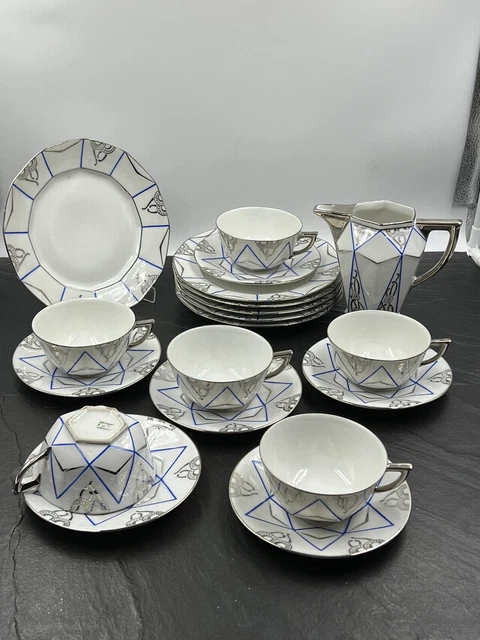 6 Art Deco Gedecke Limoges France Porzellan mit Kuchenteller und Sahnegießer
