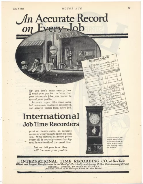 1921 International Time Recording Co. Ad: Job Time Recorder Clock - New York