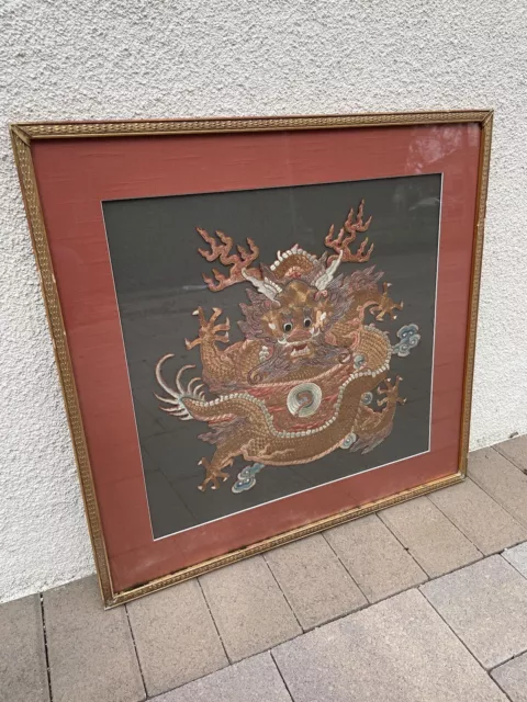 RARE Antique 19th C Qing Chinese Silk Embroidered Dragon Textile Gold Thread WOW