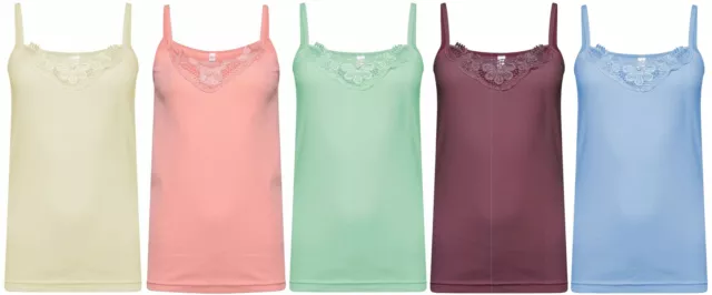 5 Ladies Plain Stretch Cotton Vest Lace Trim Camisole Tank Top Pack of 5 Colours