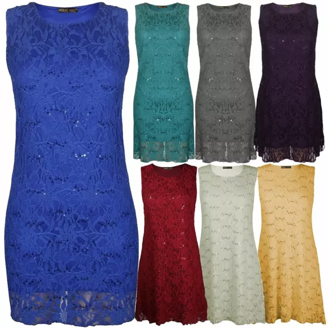 New Womens Party Lined Sequins Floral Lace Sleeveless Dress Plus Size 12-26 UK