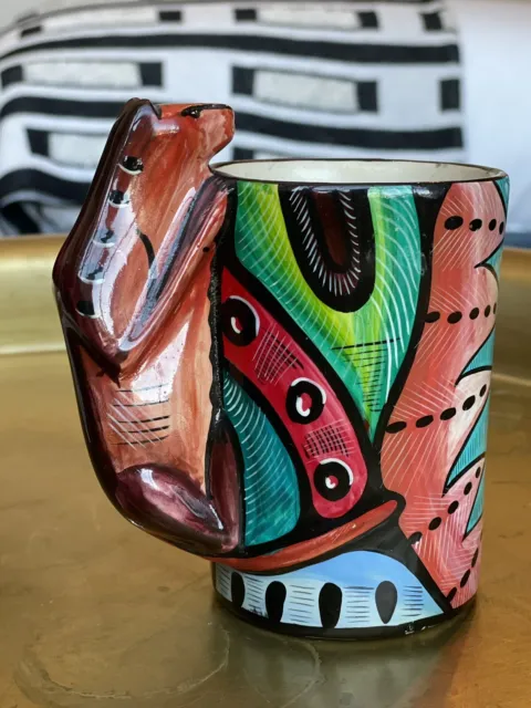 Vintage Ceramic African Folk Art  Figural Cup Mug Mombasa Kenya. Stunning Color!