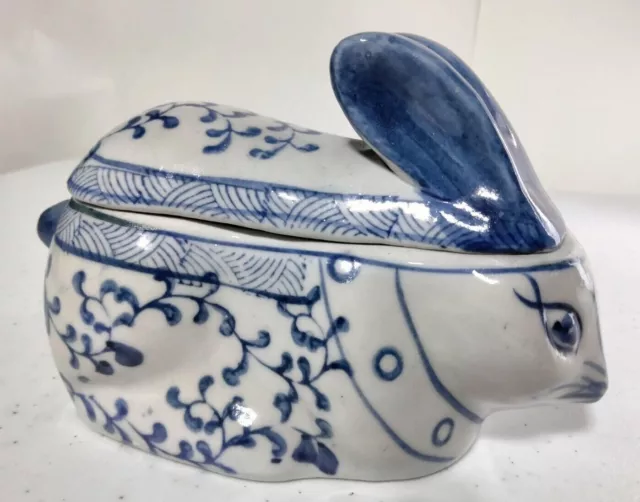 Blue and White Rabbit Bunny Ceramic Trinket Box w/ Lid Chinese Delft Style