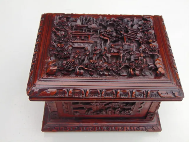 19th Century Canton Qing Dynasty Carved Sandalwood Jewellery Box / Casket