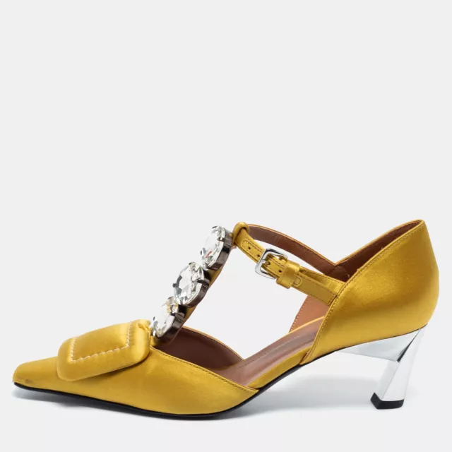 Marni Yellow Satin Crystal Embellished T-Bar Pumps Size 36