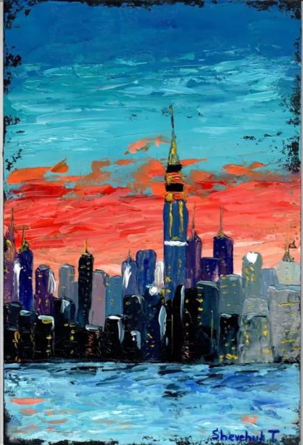 Original Oil Painting Sunset in New York Cityscape Hand Painted City Art 12x8 in