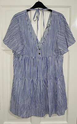 Zara Ss22 Blue White Striped Linen Blend Short Ruffle Dress With Back Tie Size M