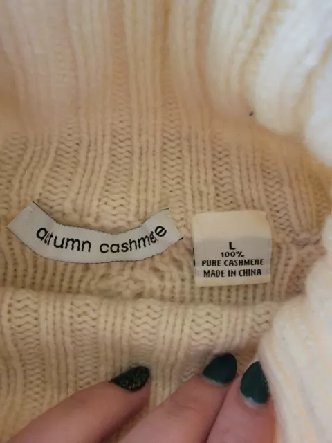 Autumn Cashmere 100% Cashmere Womens Cable Knit Sweater Sz L Cream Turtle Neck 3