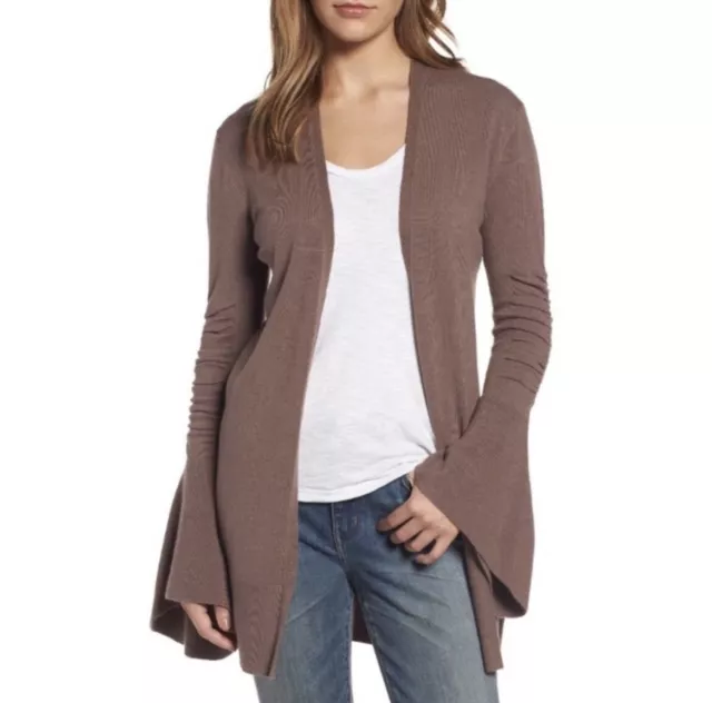 Hinge Cardigan Sweater Women’s Small Bell Sleeve Ruching Minimalist Tan