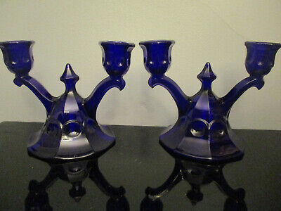 2 Vintage Art Deco Heisey Cobalt Glass Thumbprint Panel Candelabra Candleholders