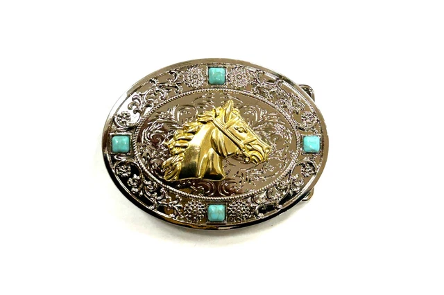 Western Horse Head Buckle Men Unisex Turquoise Silver Chrome Engraved Fit 2''