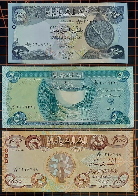 1000, 500, 250,  IRAQI DINAR Unc. Lot Of 3 Notes Iraq Currency