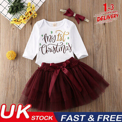 Newborn Baby Girls My 1st Christmas Outfits Tops Romper+Tutu Skirt Headband Set
