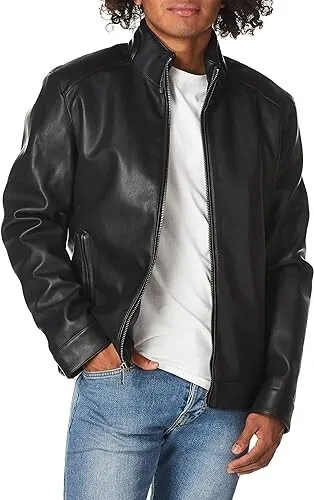 COLE HAAN Men's Large Black Faux-Leather Moto Jacket