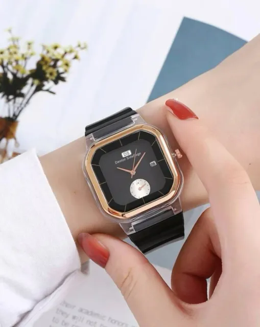 Ladies Women Quartz Wrist Watch Watches with Silicone Strap... Black & Gold UK 2