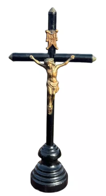 Antique French Altar Crucifix Carved Black Wood Base Brass Accents Jesus Cross