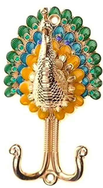 Golden Peacock Double Wall Hook Key Towel Coat Purse Hanger Brass Alloy 5 inch
