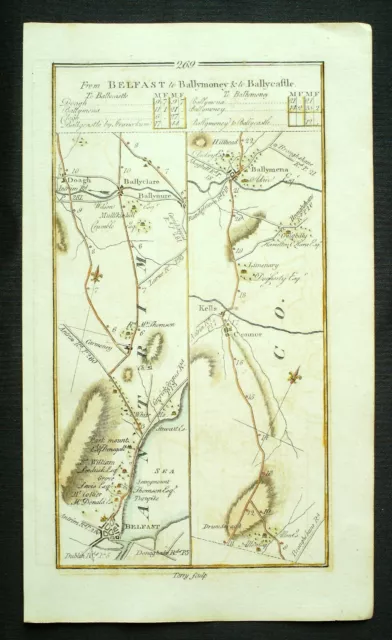 IRELAND, BELFAST, BALLYMENA, antique road map, Taylor & Skinner, c.1778