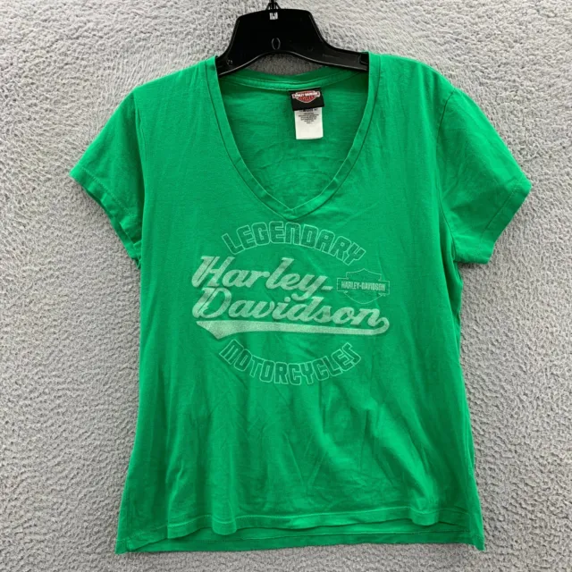HARLEY DAVIDSON T Shirt Womens Large Short Sleeve Top Green V Neck Cape Cod