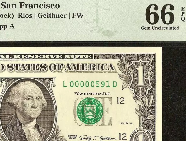2009 $1 Dollar Bill Low 591 Serial Number Note Money Gift Idea Pmg 66 Epq