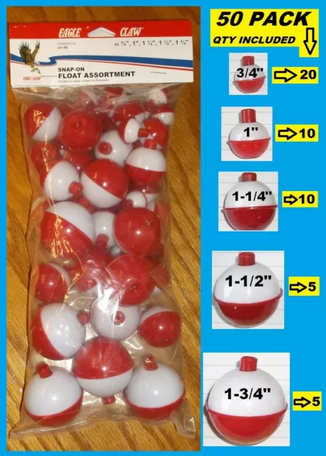 50 ASSORTED FISHING BOBBERS Round Floats RED & WHITE! SNAP ON