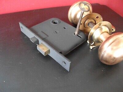 Vintage Mortise Lock with 2 1/4" Polished Brass Knobs w/key - Rev. Latch w/hrdwe