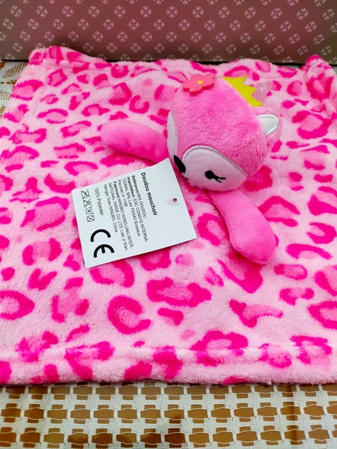 Doudou  Rose  carré de 28 cm en polaire tête de chat rose et fuchsia 