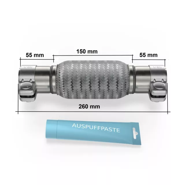 Edelstahl Flexrohr Auspuff 55 x 150 mm + 2 Schellen Flexstück Set ohne Schweißen