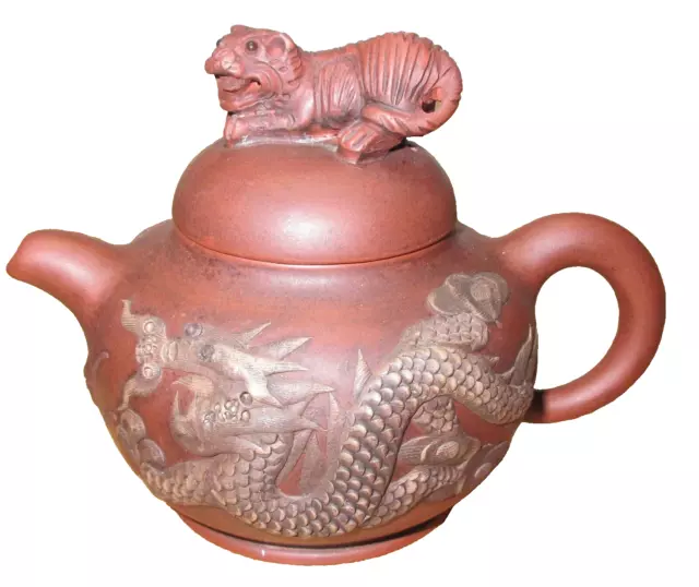 Vintage Chinese Yixing Zisha Tiger Dragon & Phoenix Teapot