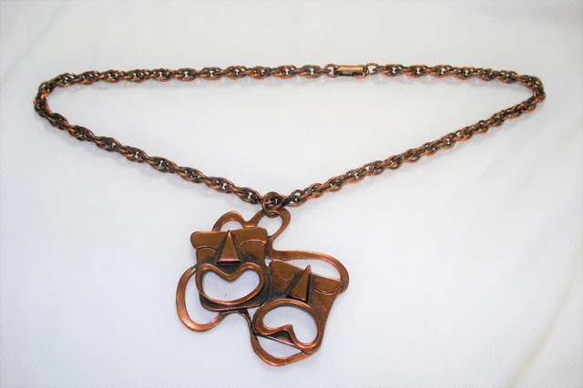 VTG MidCentury Modern Copper REBEJES Sig'd THEATER MASKS Comedy Tragedy Necklace