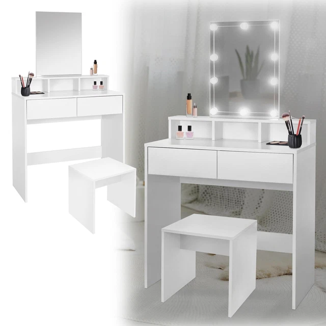 Loomie Bureau de coiffeuse avec miroir éclairé et prise de courant, table de maquillage avec 5 tiroirs, deux compartiments et étagère, commode avec 11 lumières en 3 couleurs d'éclairage pour salle de Loomie Bureau de coiffeuse avec miroir éclairé et prise de courant, table de maquillage avec 5 tiroirs, deux compartiments et étagère, commode avec 11 lumières en 3 couleurs d'éclairage pour salle de